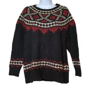 J. JILL Womens PM Sweater Black Nordic Scandinavian Cozy Fair Isle Crew Neck‎